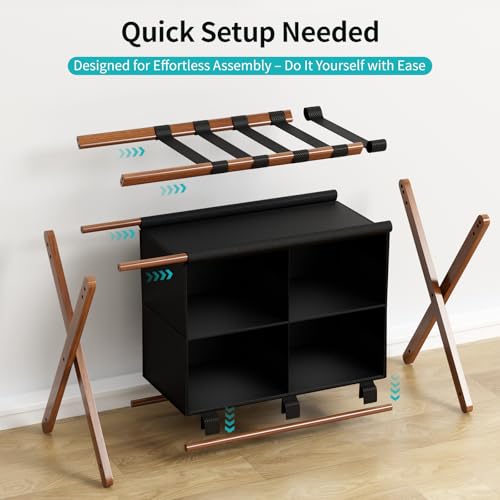Bamboo Luggage Rack 2 Pack with 4 Storage Compartments, Foldable Suitcase Stand for Guest Room, 150lbs Capacity, Sturdy, Space-Saving and Easy to Assemble Organizer - color: Walnut 2 Pcs