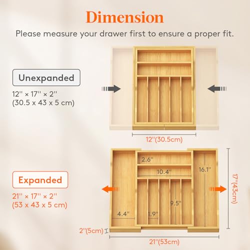 Lifewit Silverware Drawer Organizer, Expandable Utensil Tray for Kitchen, Flatware and Cutlery Holder, Wood Adjustable Storage for Spoons Forks Knives, 31-53 x 43cm, Natural - color: Natural, size: 12~21''W x 17''D