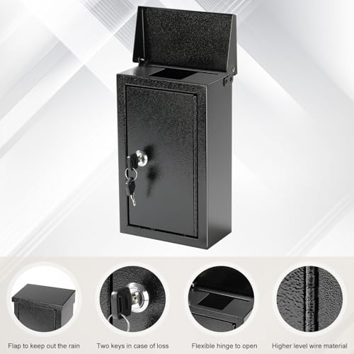 xydled Wall-Mounted Key Drop Box with Key Lock, Metal Mailbox, Indoor& Outdoor Storage Box, Hanging Secured Postbox, for Home & Business Use, 5.5X 3.0X 9.8 inch, Black - style: Key Lock