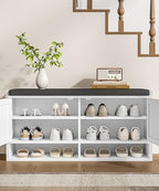 Farmhouse Shoe Storage Bench with Cushion, Entryway Bench with Adjustable Shelves and Open Bottom Shelf, Hidden Shoe Cabinet Storage for Entryway, Hallway, Living Room, Bedroom, White