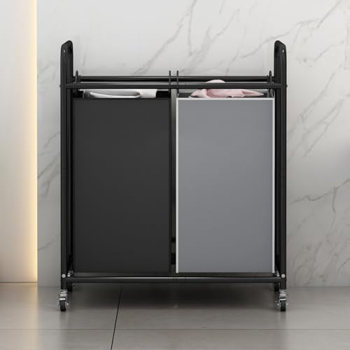 SUOERNUO Laundry Hamper Basket 2 Bag Laundry Sorter Cart with Rolling Lockable Wheels and Removable Bags Laundry Organizer Cart for Clothes Storage - color: Black+Grey, size: 2 Bags