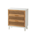 COZAYH Farmhouse 3-Drawer Nightstand, Rattan Cane Front Accent Dresser with Brass Pull, Distressed White - color: Distressed White, style: 3 Drawer/1 pack