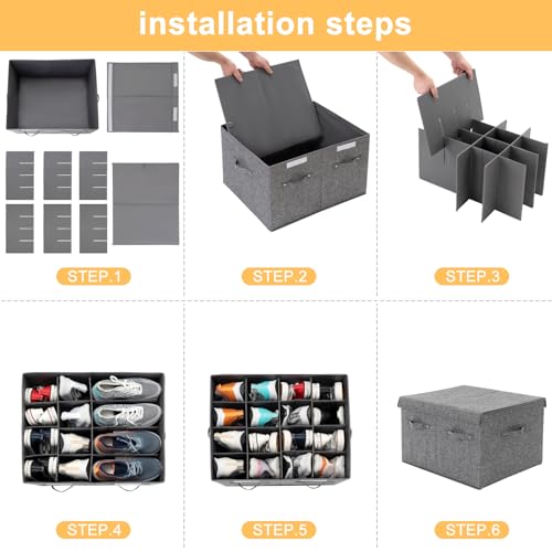 2 Pack Shoe Storage Box Fits 32 Pairs, Large Shoe Organizer with Lid and Adjustable Dividers for Closet, Shoes, Sneakers and High Heeled, Foldable and Stackable (Grey) - color: Grey