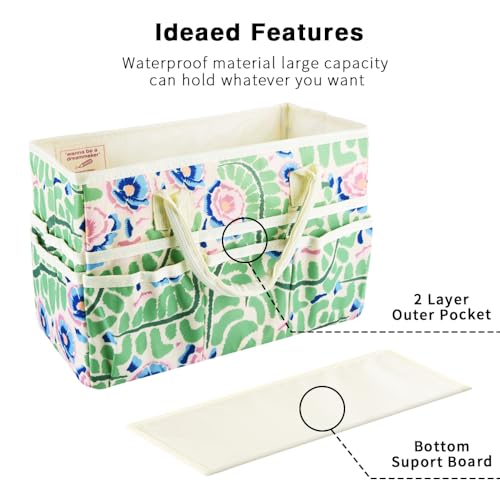 E-WEICHEN Craft Organizer Tote Bag Art Storage Caddy with Multiple Pockets Containers for Art,Craft,and Office Supplies Storage.Green Leaves Flower - color: Green Leaves Flower