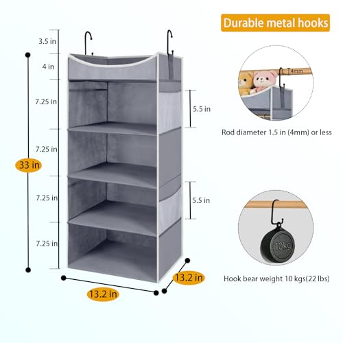 4-Shelf Hanging Closet Organizer and Storage with 4 Side Pockets, Collapsible Closet Hanging Shelves for Storage, Grey - size: 4-shelf
