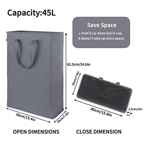 Odonata Slim Laundry Hamper Handles Collapsible Laundry Basket Thin Dirty Clothes Basket Narrow Laundry Bag Foldable Dirty Hamper 45L (Dark Grey) - color: Dark Grey