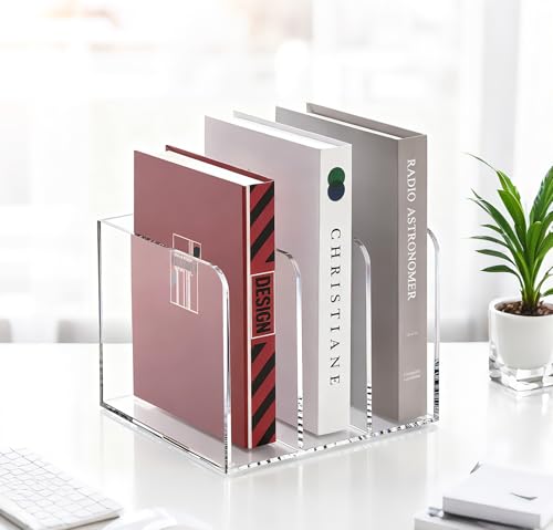 SANRUI Clear Acrylic File Organizer - 3 Compartments Magazine Holder, Vertical File Sorter for Home Office/Classroom/Dorm, Non-Slip Desk File Rack, No Assembly Required, B5 Size - size: B5, 3 Sections, 1 Pack