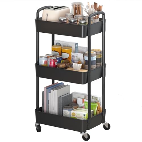 Sywhitta 3-Tier Plastic Rolling Utility Cart with Handle, Multi-Functional Storage Trolley for Office, Living Room, Kitchen, Movable Storage Organizer with Wheels, Black - color: Black, size: 3-tier