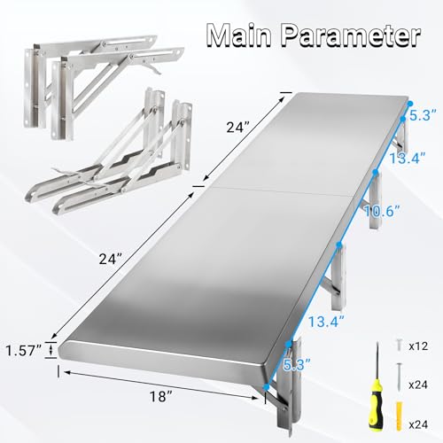 Concession Shelf Drop Down 18" x 48", Spliced Style Folding Concession Stand Shelf Commercial Grade Stainless Steel, Foldable Concession Shelves for Snack Bar, Food Cart, Movie Theater - size: 18" x 48"