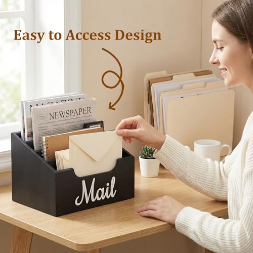 Wood Mail Organizer Countertop, Rustic Mail Holder for Desk with 4 Slots, Mail Sorter for File Paper Folder, Letter Sorter Bill Organizer for Office Home Classroom, Desk Organizers and Accessories
