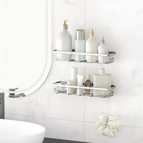 Shower Caddy Organizer with Hooks,Self Adhesive Bathroom Shelves,No Drilling Bathroom Organizers and Storage,Perfect for RV, Apartment, Home Decor,2 Pack Silvery - color: Silvery, size: 2 Pack