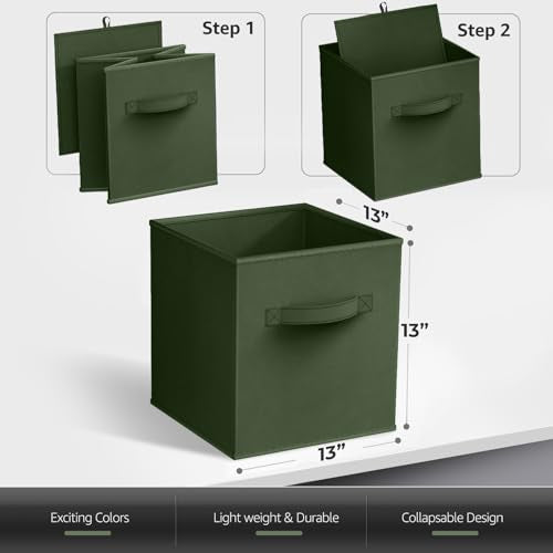 Sorbus 13 Inch Storage Bins - Sturdy Collapsible Fabric Storage Cubes with Handle - 6 Foldable Baskets for Organizing Clothes, Toys, Books - Storage Baskets for Shelves, Kids Room, Closets - color: Dark Green, size: 13 Inch