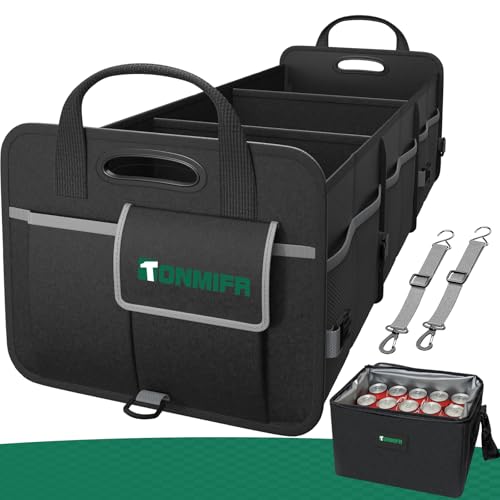 112L Large Capacity Car Trunk Organizer with 20L Insulated Fresh-Keeping Bag, Heavy-Duty 600D Waterproof Oxford Collapsible Storage for SUV, Sedan, Truck, 2 Securing Hooks & Reflective Strips - size: 112l (With Insulated Cooler)