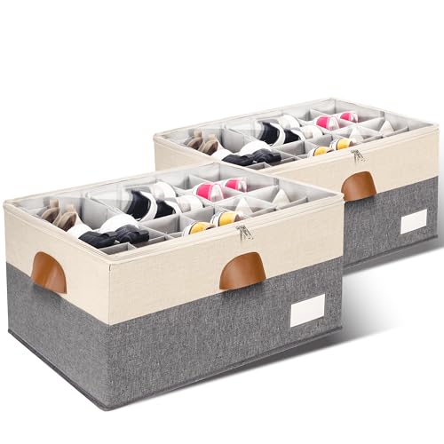 2 Pack Shoe Organizer for Closet, Adjustable Shoe Box Storage Containers, Large Foldable Shoe Bins with Clear Cover, Space Saving Shoes Holder with 4 Handles, Fits 24-48 Pairs, Beige - color: Beige and Grey, size: (2 Pack) 25 ½"L x 17"W x 12 ½"H