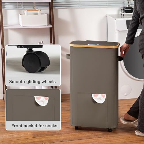 Vincona Laundry Basket with Wheels, Tall Dirty Clothes Hamper on Wheels, Rolling Laundry Hamper with lid for Dorm, Bedroom and Bathroom - color: Grey, size: 65L
