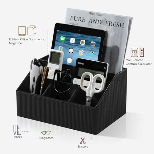 Remote Control Holder with 5 Compartments for Office Art Supplies, PU Leather Nightstand Organizer Pencil Pen Desk Caddy for Home, Desktop TV Remote Control Organizer Storage (Striped Black) - color: Striped Black