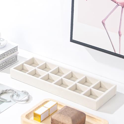 2Pcs Desk Drawer Storage Tray, Nightstand Organizer Tray, Necklace Bracelet Ring Earring Jewelry Display Tray, Grid Table Organizer Holder Tray for Sunglass, Phone, Watch, Perfume (12 grid)/Beige - color: Beige, size: 12 Grid