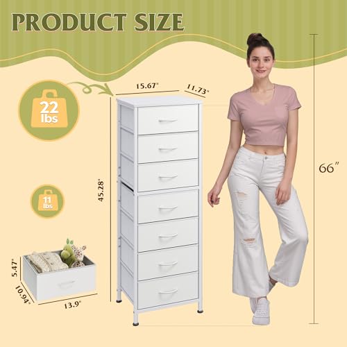 WLIVE White Tall Dresser for Bedroom, 7 Drawer Dressers & Chests of Drawers, Fabric Dresser for Closet, Living Room, Night Stand with Metal Frame, Storage Tower with Fabric Bins, Wood Top - color: White, size: 11.73"D x 15.67"W x 45.28"H