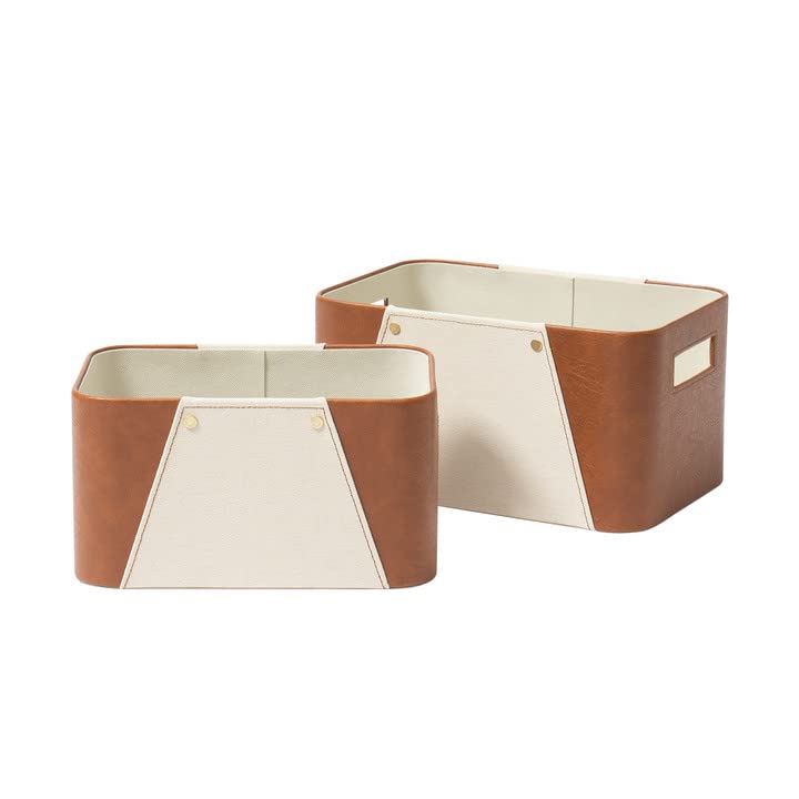 LA JOLIE MUSE Storage Baskets for Organizing, 2 Pack, Storage Cube Boxes Luxury Brown Vegan Leather and Beige Greige Fabric for Closet Shelf Cabinet Bookcase - color: Brown