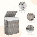 90L Laundry Hamper with Lid, Hand-Woven Pp Rattan Laundry Basket with Compartments & Handles, Removable Liner Bags,Foldable, Narrow Dirty Clothes Basket, Grey - color: 90L-Grey