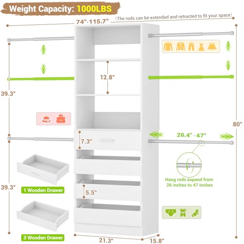 Aheaplus 4-9Ft Closet System, Closet Organizer with 4 Wooden Drawers, Wood Closet Organizer System with Tower, Walk-in Closet Organizer Wardrobe and Storage with 4 Hanging Rods, 11White - color: White-1Set