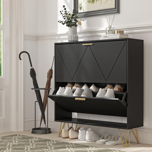 LYNSOM Shoe Cabinet with 2 Flip Drawers, Black Shoe Storage Cabinet, Slim Wooden Freestanding Shoe Rack, Shoe Organizer with Fluted Panel for Entryway Hallway - color: Black, size: 1 Pc