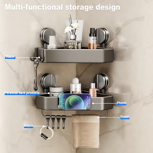 Mustorn Suction Cup Shower Caddy Corner, 2 Pack Suction Corner Shower Shelves No Drilling, Rustproof Shower Organizer Suction Cup with Towel Holder & Hooks Removable Bathroom Storage Rack(Gray) - size: 2 Pack