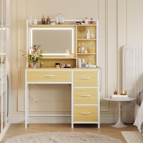 Garvee Vanity Desk with Square Mirror, 35.4” Makeup Vanity Table with Shelves, 4 Fabric Drawers Storage, Modern Dressing Table for Bedroom, Gift for Girls