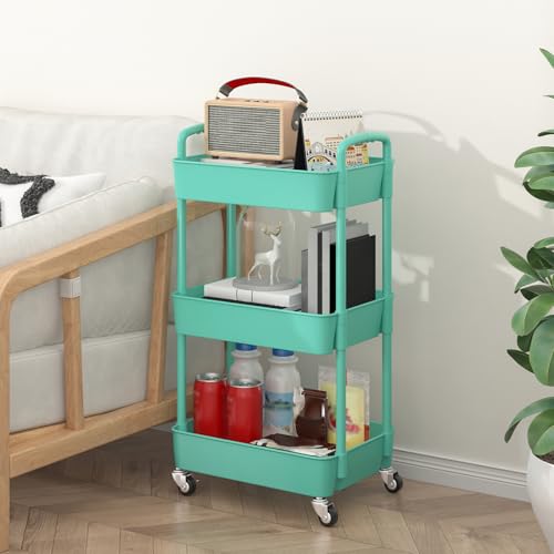 Sywhitta 3-Tier Plastic Rolling Utility Cart with Handle, Multi-Functional Storage Trolley for Office, Living Room, Kitchen, Movable Storage Organizer with Wheels, Green - color: Green, size: 3-tier