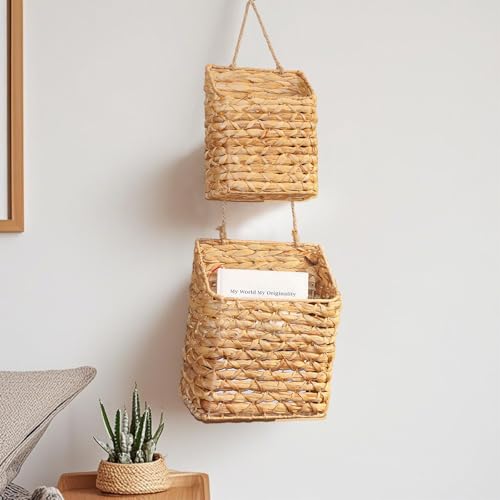 2-Tier Wall Hanging Wicker Water Hyacinth storage baskets Set,Woven Rustic Natural Farmhouse Door Baskets Organizer for decor,Kitchen Pantry, Home Office, Entryway, Bathroom - size: 2-Tier