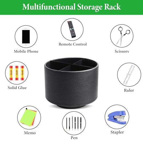Hennaja Round Leather Art Supply Organizer,Remote Control Holder,360 Degree Spinning,Multi-Functional Pencil Holder,4 Compartments Desktop Stationary Organizer(1-Lichee Black) - color: 1-Lichee Black