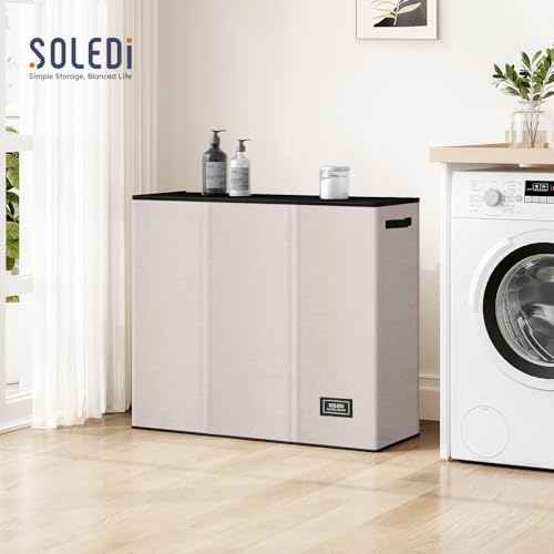 SOLEDI 180L 3-Section Laundry Hamper with Lid, Extra Large Dirty Clothes Basket with Sturdy Handles for Laundry Room & Bedroom - Durable Organizer for Sorting Laundry - color: Beige, size: 180L