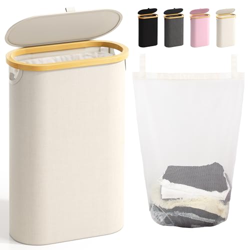 Slim Laundry Hamper with Lid, 60L Small Laundry Basket with Handles&Removable Bag, Thin Dirty Clothes Hampers for Laundry, Narrow Laundry Hampers for Bedroom Aesthetic, Beige - color: Beige, size: 60L