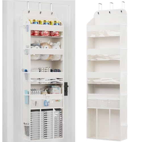 OneDream 5-Tier Over the Door Organizer with Removable Storage Caddy, Baby Clothes Organizer for Nursery, Hanging Behind Door Storage with Clear Pockets and Side Mesh Compartments, Beige - color: Beige