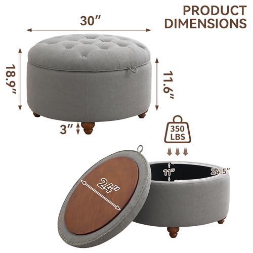 WUTUTUEE 30Inch Round Storage Ottoman with Tray, Modern Tufted Fabric Circle Coffee Table with Storage, Upholstered Ottoman with Removable Top for Living Room, Bedroom, Light Grey - color: Light Grey, size: 30 Inch