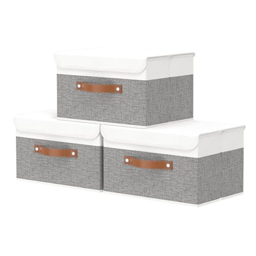OUTBROS Large Fabric Storage Box with Lid, Collapsible Wardrobe Organiser, Linen Cubes For Towels, Clothes, 13 x 9.1 x 7.9 inch (White/Grey, 3-Pack) - color: White/Grey, size: 13x9.1x7.9in(3-pack)