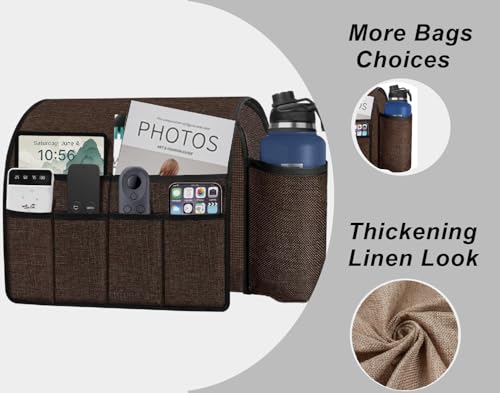 Ntomtuex Sofa Armchair Caddy Remote Control Holder with Water Bottle for Couch Recliner, Armrest Organizer with 7-Pocket Design for Magazines, Eyeglasses, iPad, Phone, Coffee - color: Coffee