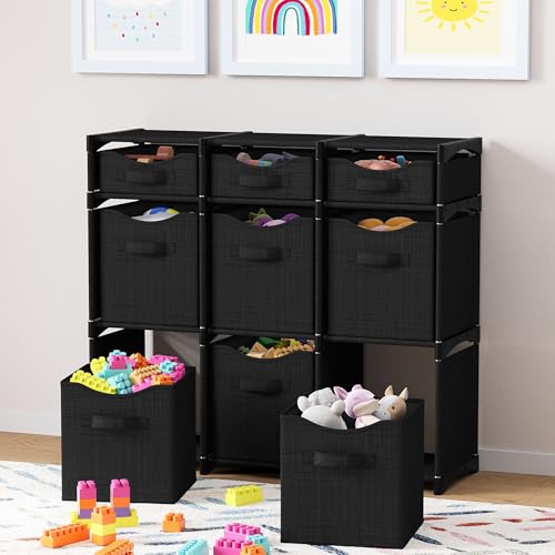 Cube Storage Organizer with Storage Bins Included - The Perfect Closet Organizers and Storage Solution. Includes 9 Storage Cubes, Great For Toy Storage, Closet Storage, Clothes Storage (Black) - color: Black, size: 9 Storage Cubes
