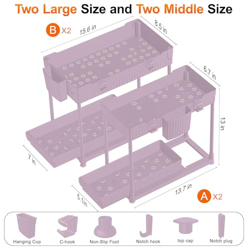 Sevenblue Under Sink Organizer, Bathroom Organizers and Storage, 2 Tier Multi-Use Pull Out Cabinet Organizer with Hang Hooks and Cups (Pink, 4 Pack) - color: Pink, size: 12.8 Inch