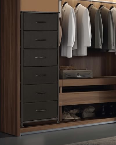 Mifuro Tall Dresser for Bedroom with 6 Drawers, Vertical Storage Organizer Tower, Chest of Drawers with Fabric Bins, Steel Frame, Wood Top for Bedroom, Closet, Entryway- Black - color: Black, size: 6 Medium Drawers