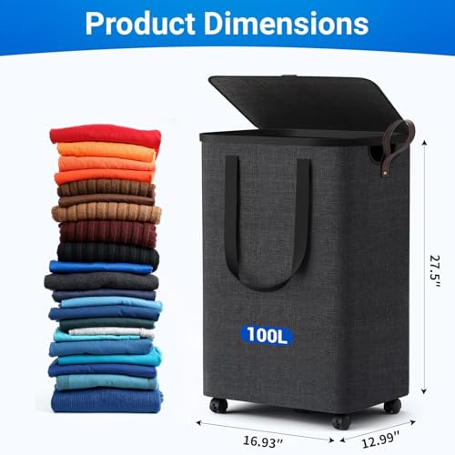 Laundry Basket with 5 Wheels, Tall Dirty Laundry Hamper, Rolling Laundry Basket with Lid, Large 100L Collapsible Clothes Hamper for Laundry Room Bedroom Bathroom Dorm, Dark Gray - color: Deep Gray, size: 100L