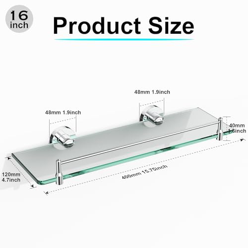 Glass Bathroom Shelves,Chrome Polished Floating Shelves for Wall Rectangular Modern Stainless Steel Glass Shelf for Bathroom Shelves Wall Mounted 16 Inch - color: Chrome Polished, size: 16"with railing