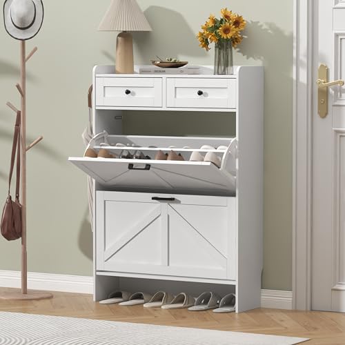 Thacuok Shoe Cabinet with 2 Flip Drawers & 2 Storage Drawers, Rustic Farmhouse Narrow Shoe Organizer Cabinet, Slim Shoe Rack Cabinet, Shoe Storage Cabinet for Entryway, Hallway - color: White, size: 2 Drawers