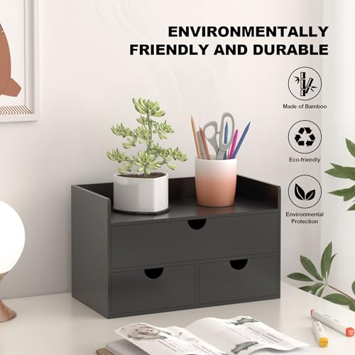 Bamboo Desk Organizer with Drawers Desktop Storage Drawers for Bills Office Supplies Kitchen Utensils Organizing Tool for Home Classroom Organization No Assembly (Black with Shelf) - color: Black with Shelf