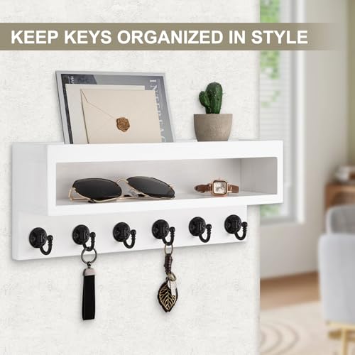 Key and Mail Holder Wall Mount, Key Hanger with Long Storage Box and 6 Hooks for Coat, Dog Leash, Home Decor Rack, House Accessories, Entry Way Organizer (White) - color: White