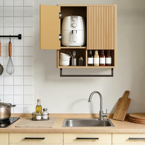 Bathroom Wall Storage Cabinet, Over The Toilet Medicine Cabinet, Hidden Storage & Open Shelves, Small 2-Door Multi-Functional Bathroom Organizer with Towel Bar for Bathroom & Kitchen (Wood) - color: Wood