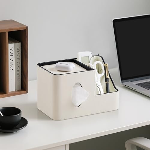 PU Leather Square Tissue Box Cover with Magnetic Closure, Tissue Holder with Storage Tray & Remote Control Organizer, for Nightstand, Living Room, Bathroom, Office Desk (White) - color: White