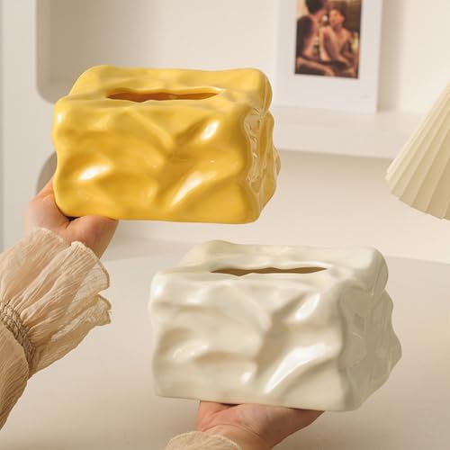 Ceramic Tissue Box Cover Modern Decorative Organizer for Facial Tissues Holder, Farmhouse Style Home Decor for Bathroom, Bedroom, Living Room & Office (Round Beige) - color: Round Beige