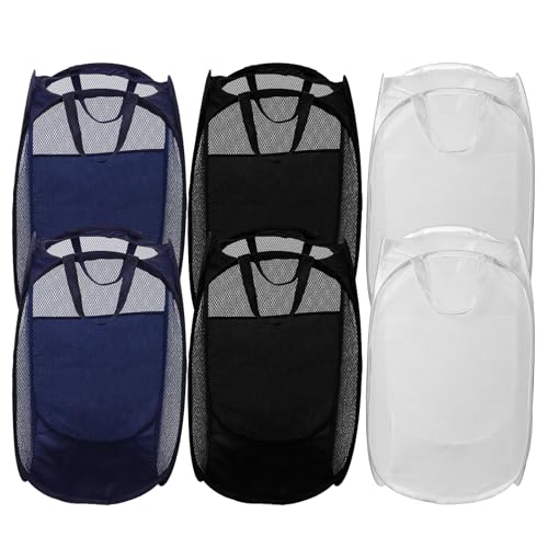 6Pcs Pop up Hampers for Laundry Foldable Mesh Laundry Hamper Baskets with Sturdy Handles Pop up Hamper Dirty Clothes Baskets for Bedroom College Dorm Travel Storage (Black/White/Blue) - color: Black-6PCS