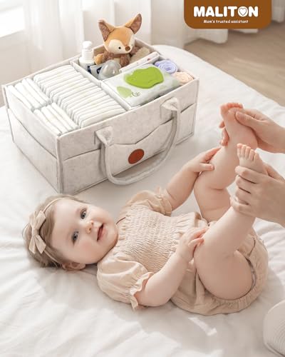 Maliton Baby Diaper Caddy, Nursery Storage Bin & Car Organizer with Handle, Large Felt Bag for Newborn essentials Boy or Girl, Changing Table Organizer for Baby Stuff, 15" x 9" x 7" Baby Shower Basket - color: WHITE, size: Large